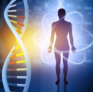DNA molecules and men. Futuristic science. 3d illustration
